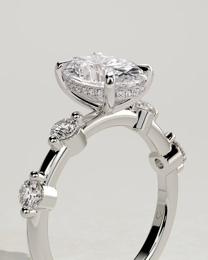 Arwen - Oval Claw Solitaire with 4 Spaced Round Accent Stones and Hidden Halo Engagement Ring - Platinum