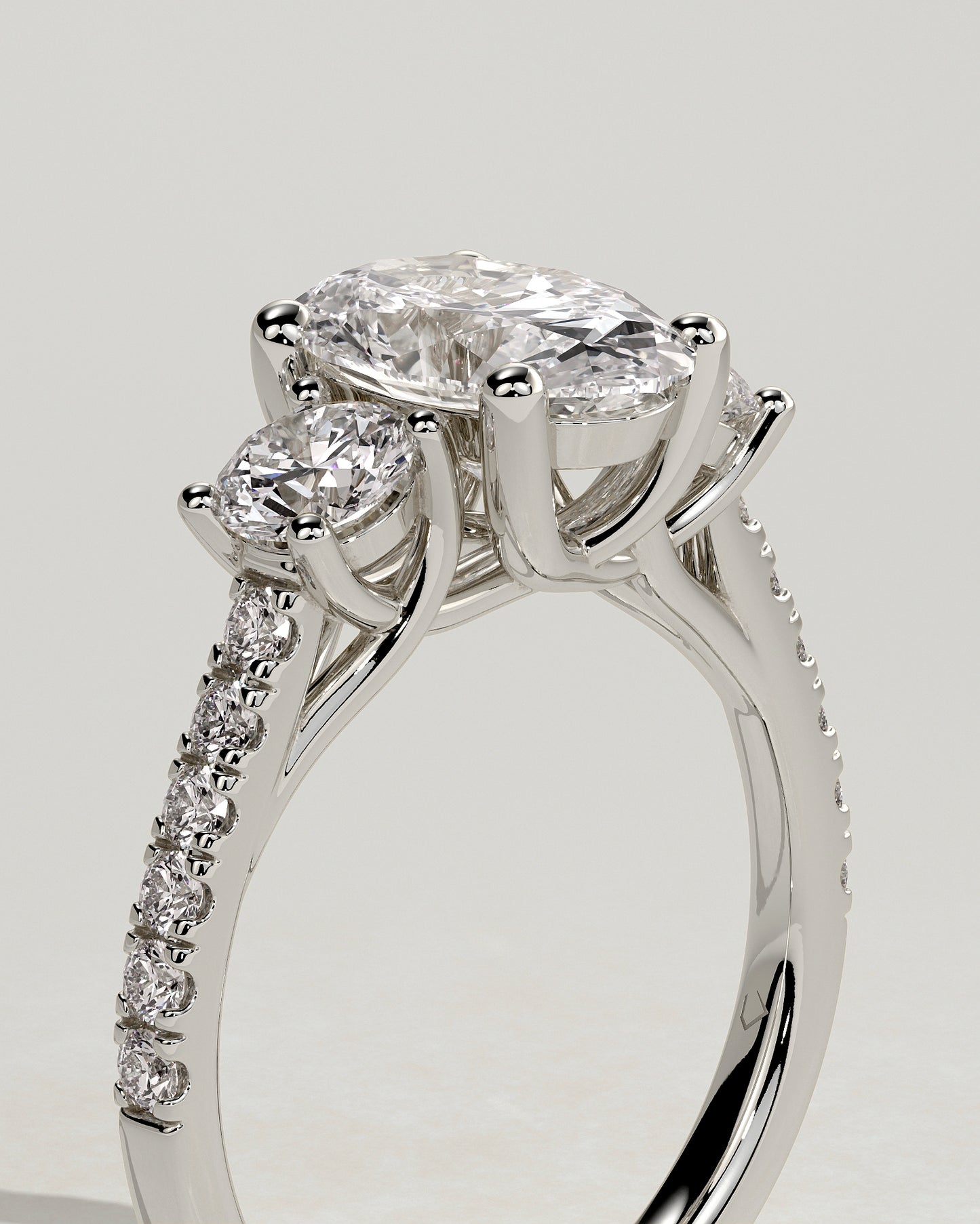 Aviana - Oval Claw Trilogy with Round Side Stones, Pave Band and Trellis Gallery  Engagement Ring - Platinum - White Gold / Platinum 2ct