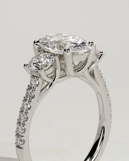 Aviana - Oval Claw Trilogy with Round Side Stones, Pave Band and Trellis Gallery  Engagement Ring - White Gold