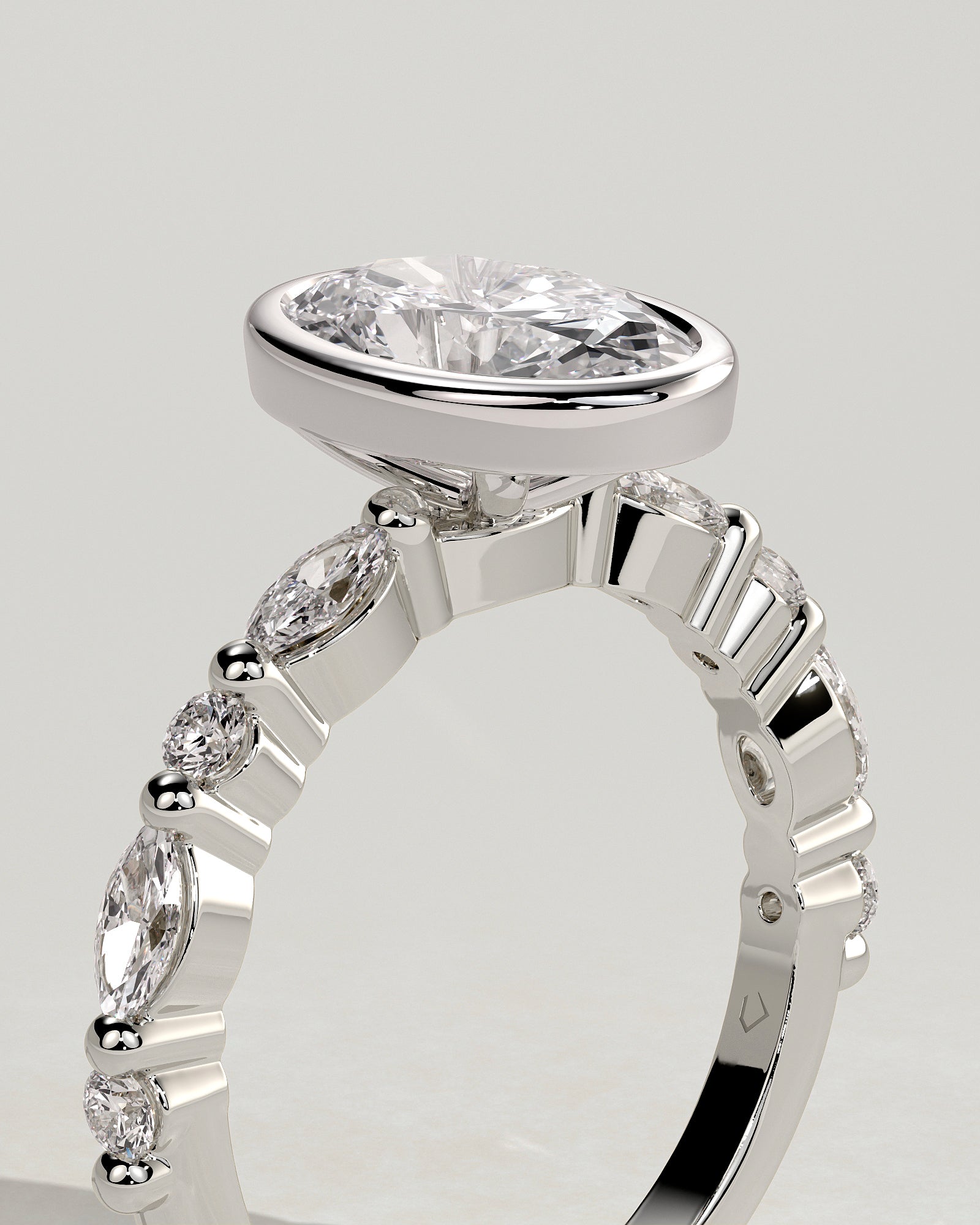 Aylin - Oval Bezel Solitaire with Marquise-Round Accent Stones Engagement Ring - Platinum - White Gold / Platinum 2ct