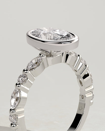 Aylin - Oval Bezel Solitaire with Marquise-Round Accent Stones Engagement Ring - Platinum