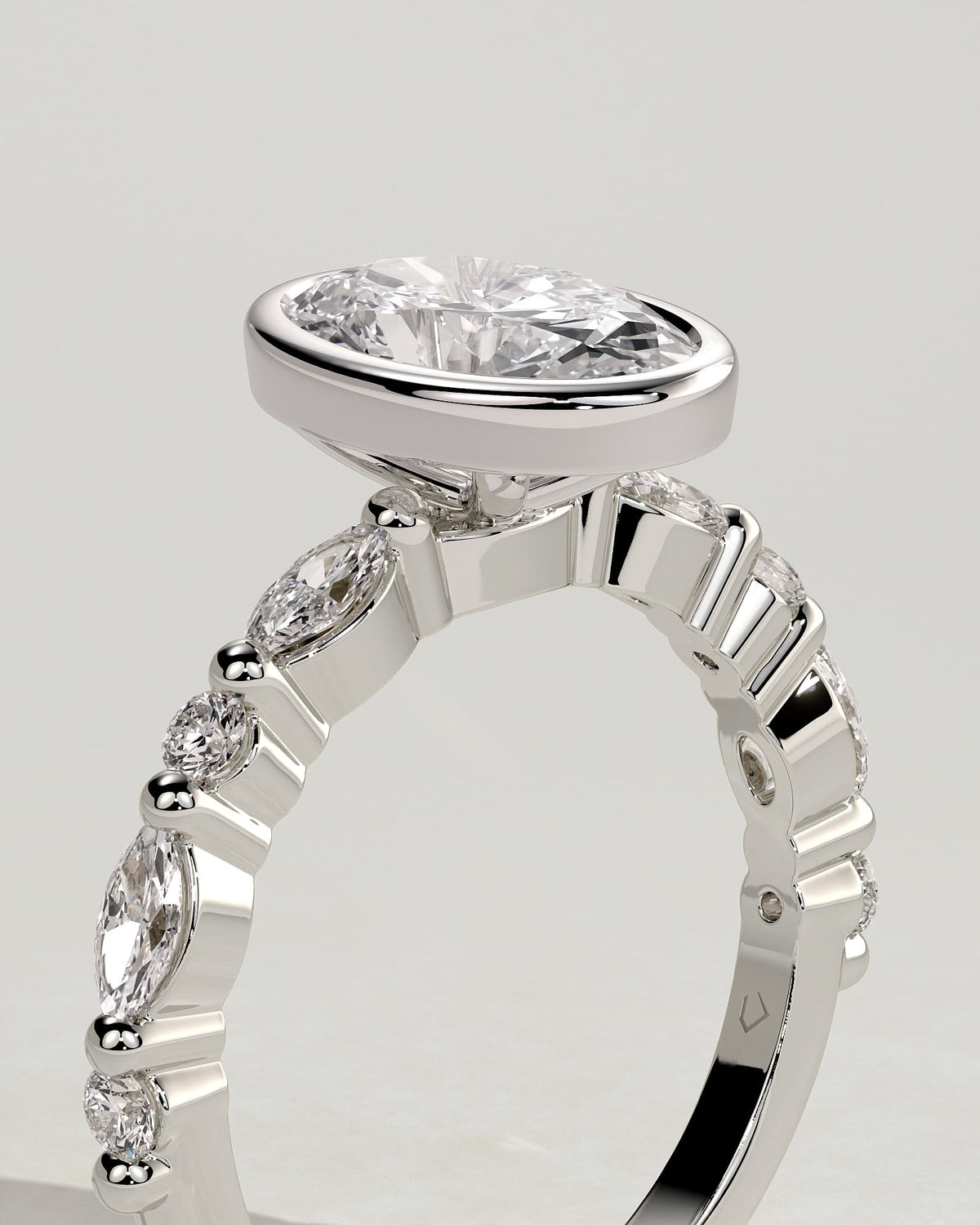 Aylin - Oval Bezel Solitaire with Marquise-Round Accent Stones Engagement Ring - White Gold