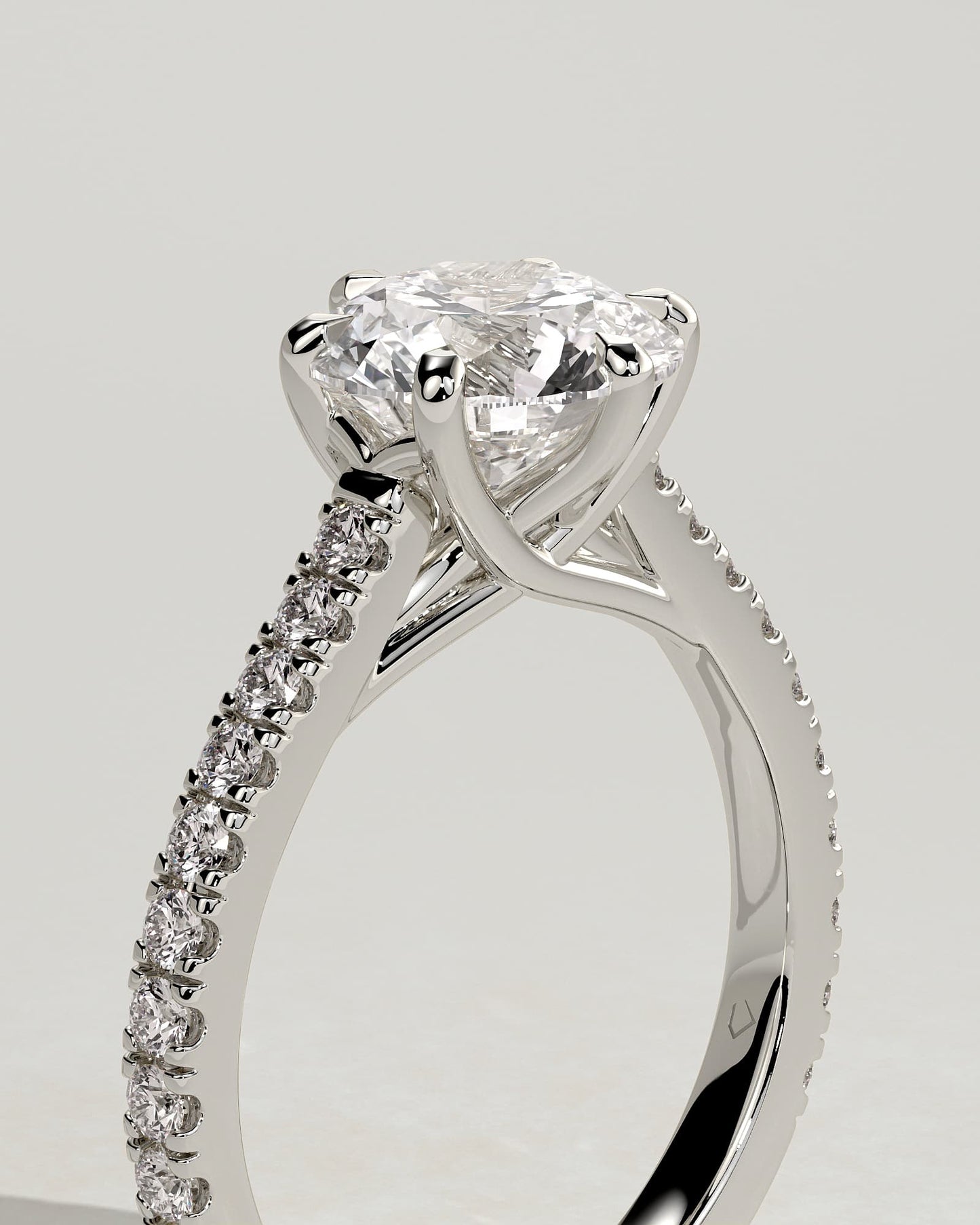 Briar - Round Claw Solitaire with Trellis Gallery, Pave Band and Cathedral Low Setting Engagement Ring - White Gold