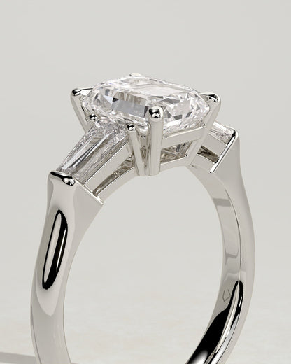 Bridget - Emerald Claw Trilogy with Tapered Baguette Side Stones and Cathedral Setting Engagement Ring - Platinum