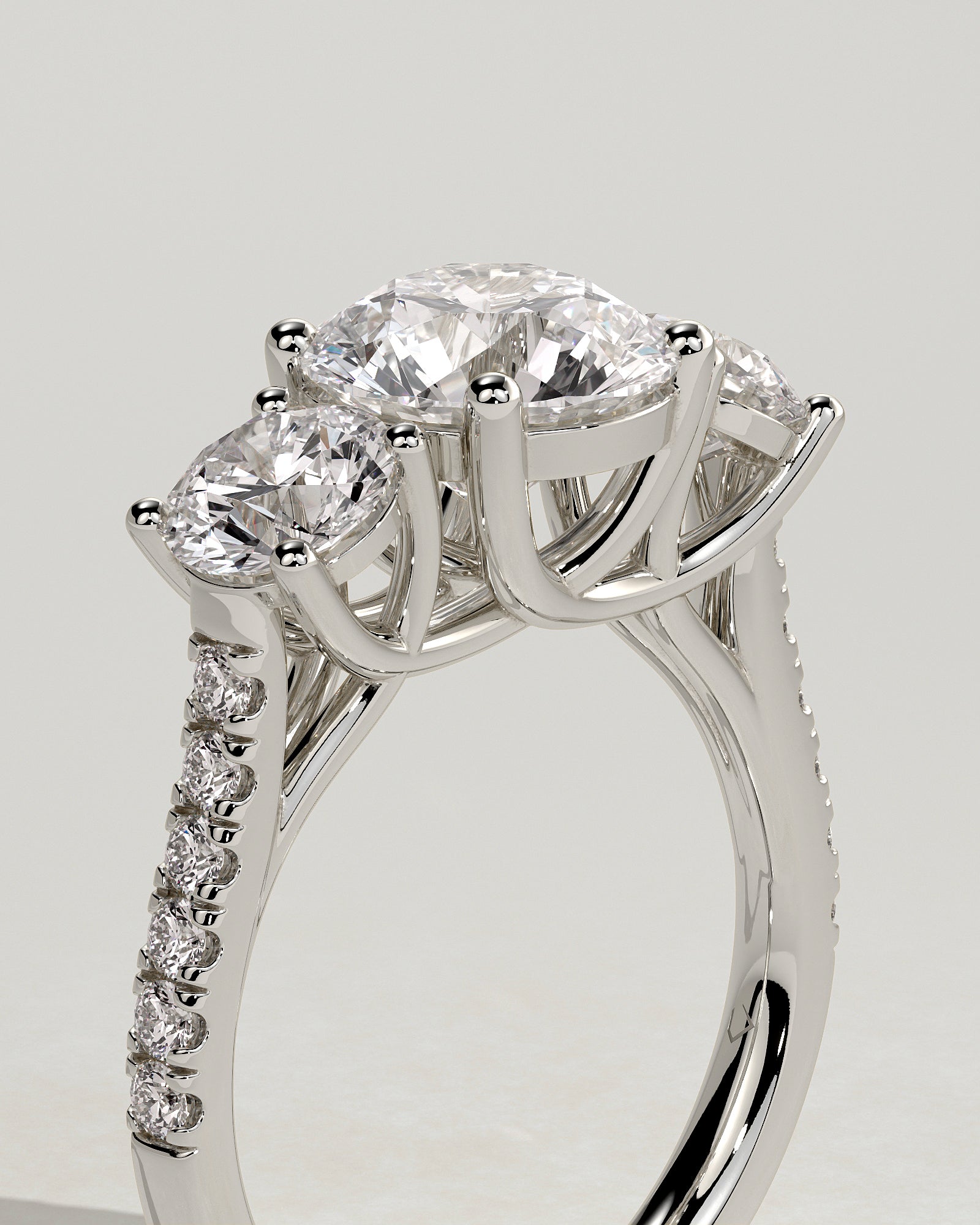 Ella - Round Claw Trilogy with Round Side Stones, Pave Band and Trellis Gallery  Engagement Ring - Platinum - White Gold / Platinum 2ct