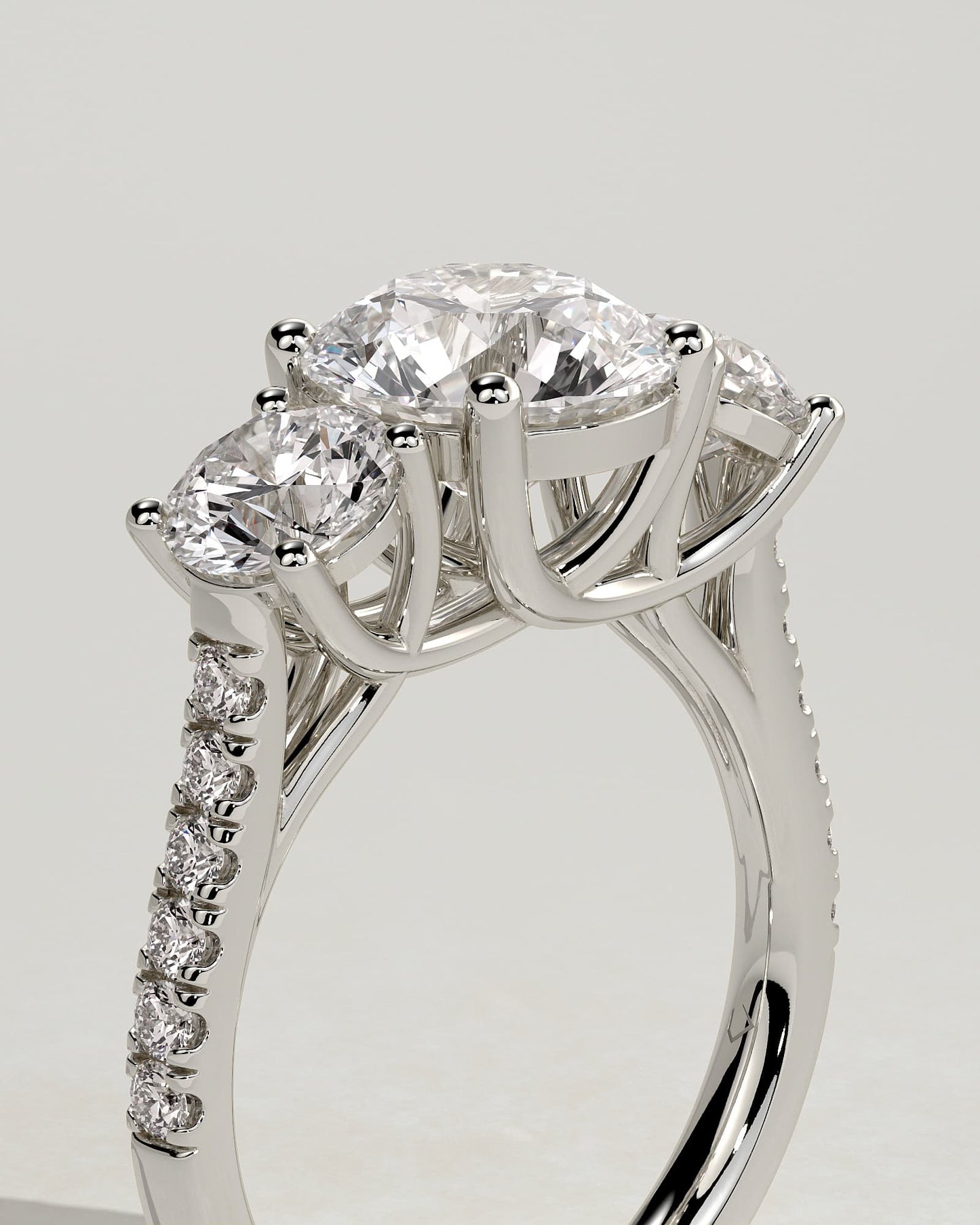 Ella - Round Claw Trilogy with Round Side Stones, Pave Band and Trellis Gallery  Engagement Ring - White Gold