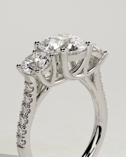 Ella - Round Claw Trilogy with Round Side Stones, Pave Band and Trellis Gallery  Engagement Ring - White Gold
