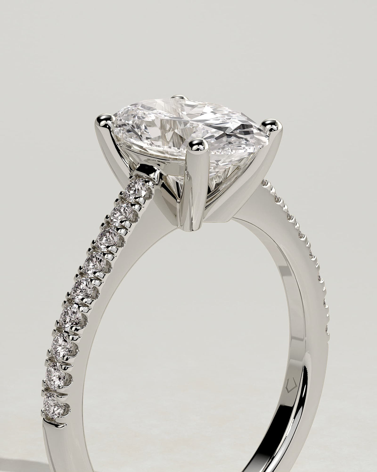 Eloise - Oval Claw Solitaire with Pave Band and Solid Cathedral Low Setting Engagement Ring - White Gold