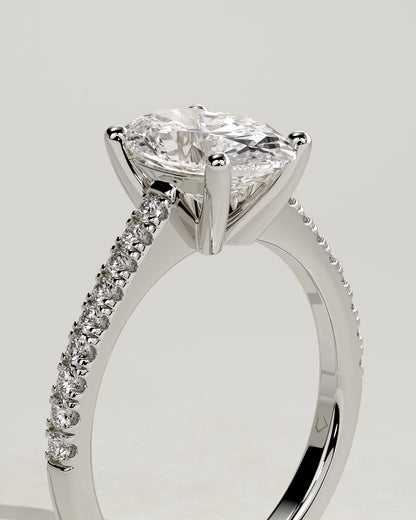Eloise - Oval Claw Solitaire with Pave Band and Solid Cathedral Low Setting Engagement Ring - White Gold