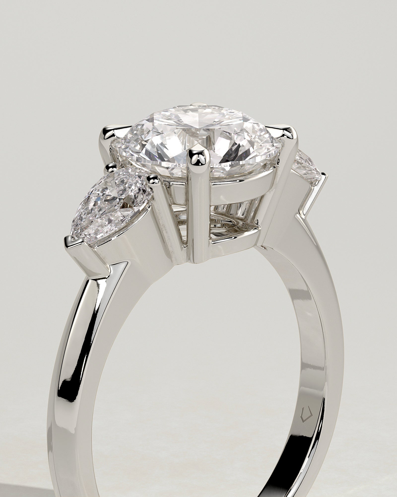 Halle - Round Claw Trilogy with Pear Side Stones and Knife Edge Band Engagement Ring - Platinum - White Gold / Platinum 2ct