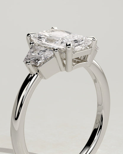 Juliette - Radiant Claw Trilogy with Trapezoid Side Stones and Low Setting Engagement Ring - White Gold