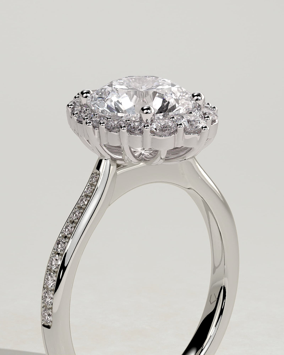 Jessica - Round Claw Solitaire with Graduating Halo and Bead Set Micropave and Tapered Band Engagement Ring - Platinum