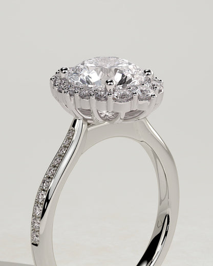 Jessica - Round Claw Solitaire with Graduating Halo and Bead Set Micropave and Tapered Band Engagement Ring - Platinum