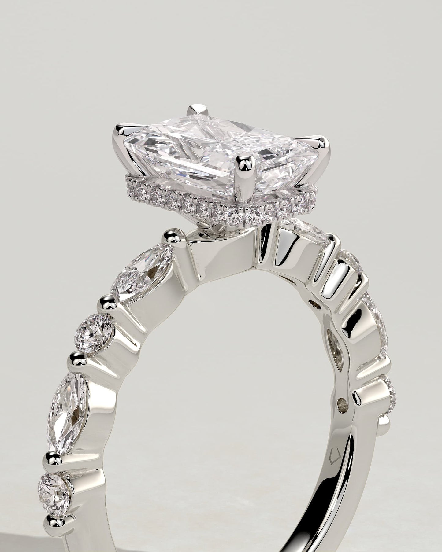 Kyla - Radiant Claw Solitaire with Marquise-Round Accent Stones and Wrap Around Hidden Halo Engagement Ring - Platinum
