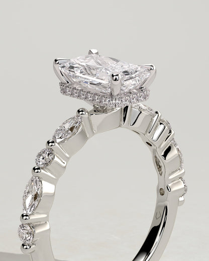 Kyla - Radiant Claw Solitaire with Marquise-Round Accent Stones and Wrap Around Hidden Halo Engagement Ring - Platinum