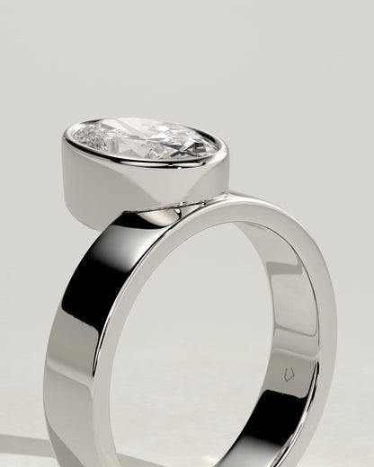 Carmen - Oval Bezel Solitaire with Offset Setting and Flat Cigar Band Engagement Ring - White Gold