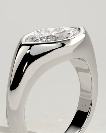 Angie - Statement Marquise East West Bezel Solitaire with Signet Band Engagement Ring - White Gold - white gold - Lara Jewels