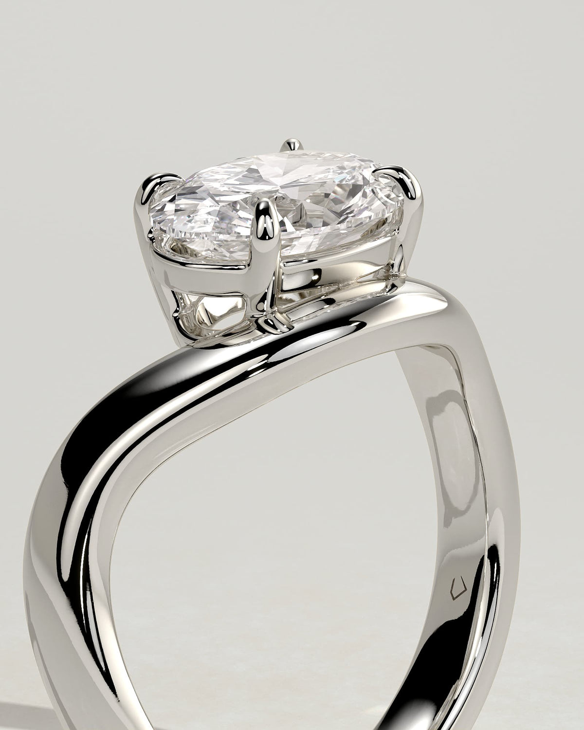 Hayley - Oval East West Claw Solitaire with Wave Band Engagement Ring - White Gold