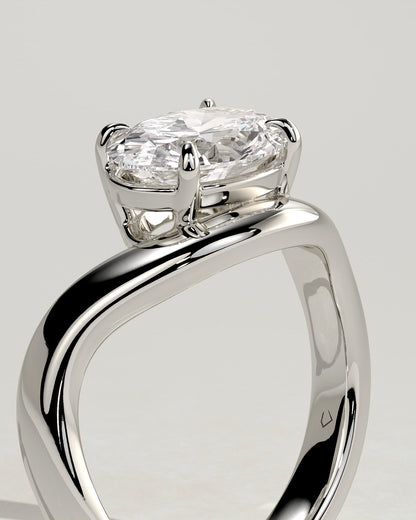 Hayley - Oval East West Claw Solitaire with Wave Band Engagement Ring - White Gold