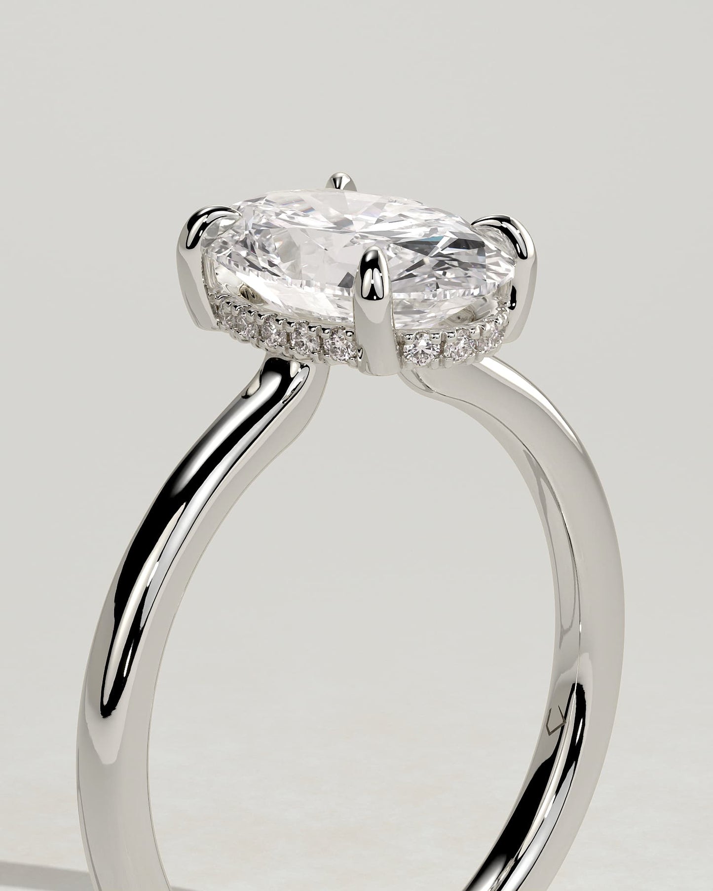 Kiana - Oval Claw Solitaire with Hidden Halo and Floating Cathedral Low Setting Engagement Ring - Platinum