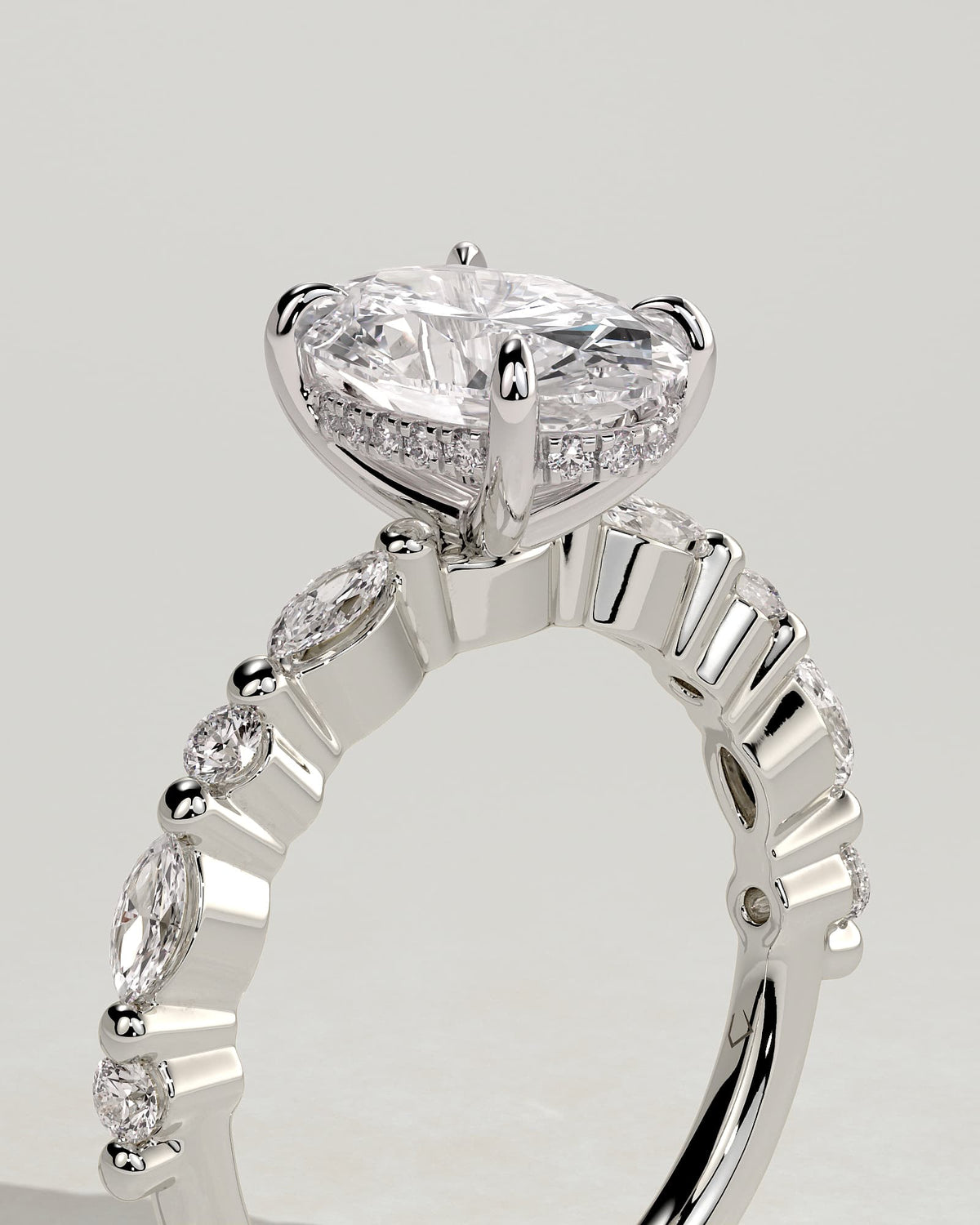 Brandi - Oval Claw Solitaire with Marquise-Round Accent Stones and Hidden Halo Engagement Ring - White Gold