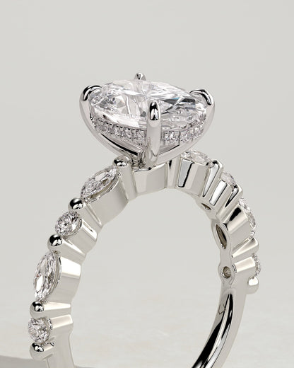 Brandi - Oval Claw Solitaire with Marquise-Round Accent Stones and Hidden Halo Engagement Ring - White Gold