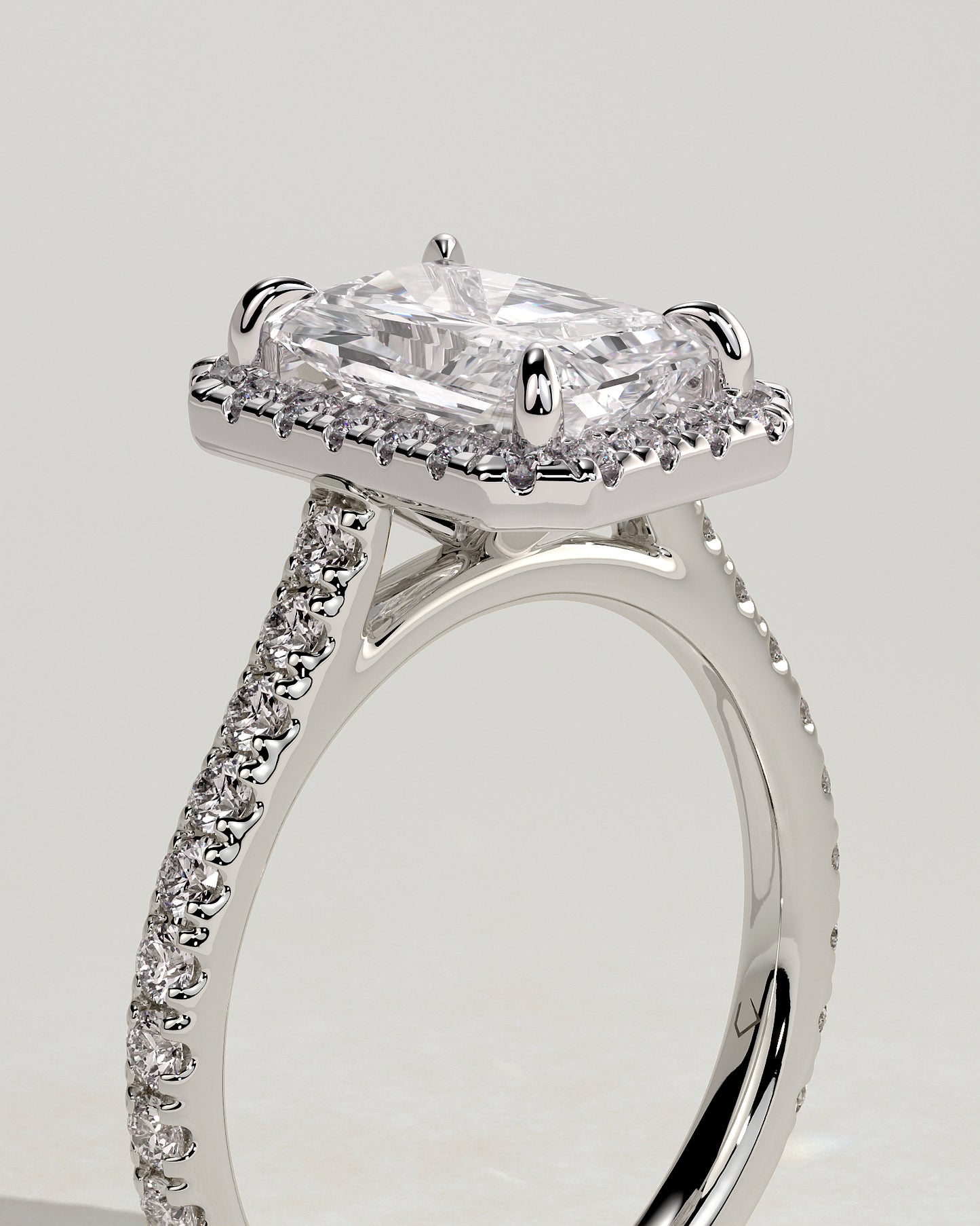 Clementine - Radiant Claw Solitaire with Halo and Pave Band and Cathedral High Setting Engagement Ring - Platinum - White Gold / Platinum 2ct