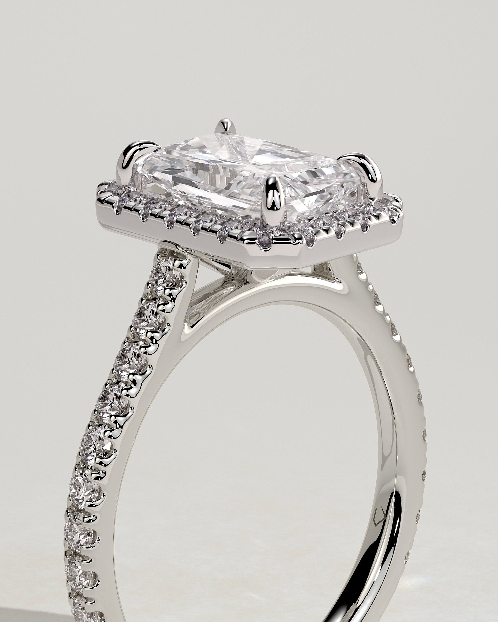 Clementine - Radiant Claw Solitaire with Halo and Pave Band and Cathedral High Setting Engagement Ring - Platinum - White Gold / Platinum 2ct