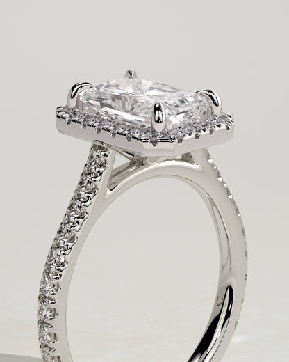 Clementine - Radiant Claw Solitaire with Halo and Pave Band and Cathedral High Setting Engagement Ring - Platinum