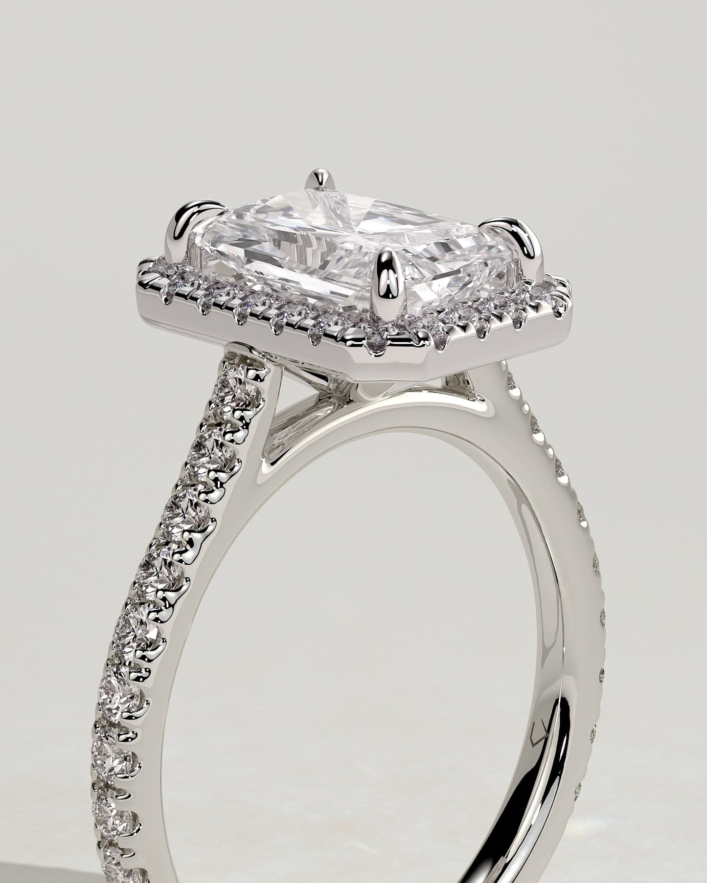 Clementine - Radiant Claw Solitaire with Halo and Pave Band and Cathedral High Setting Engagement Ring - White Gold