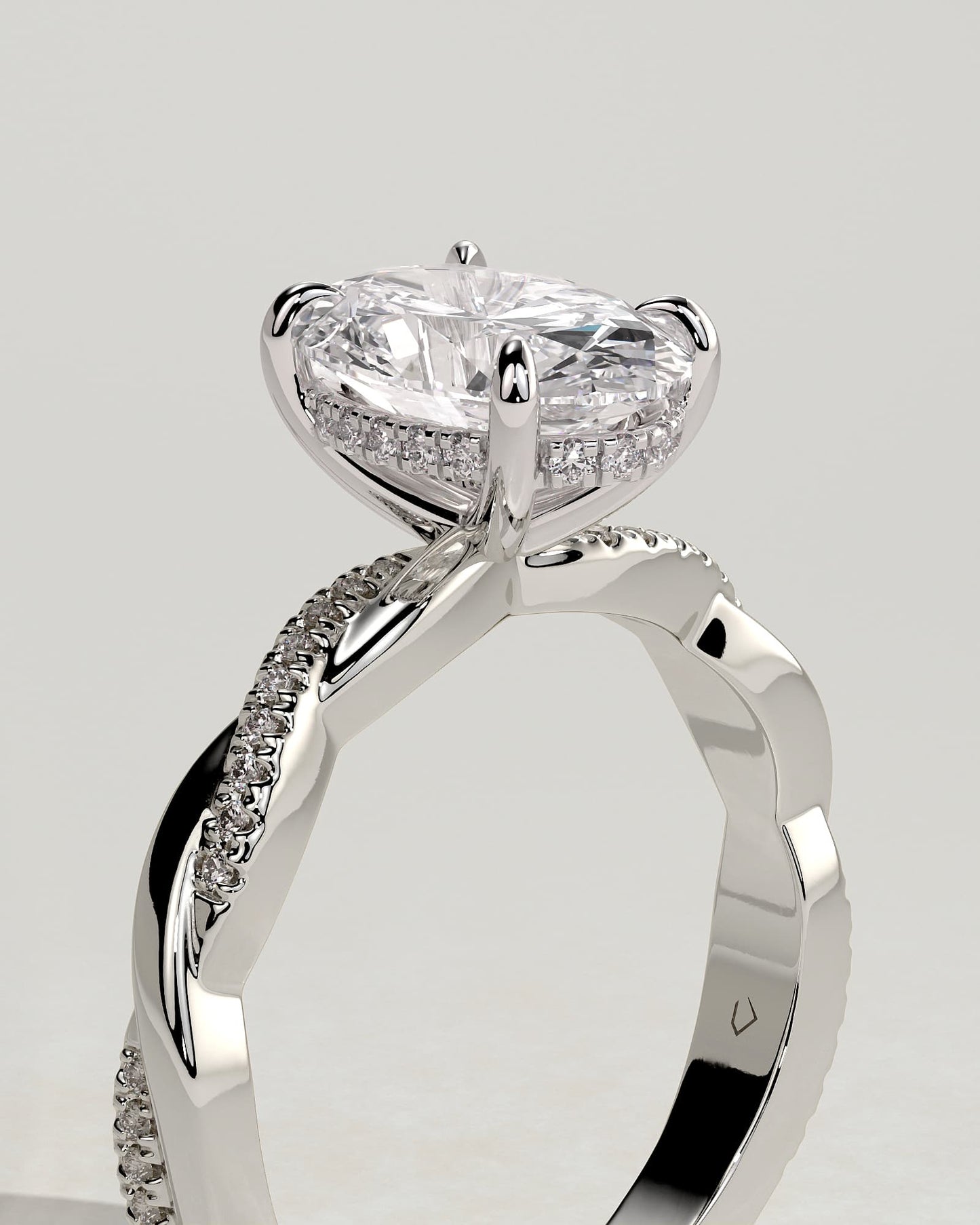 Lara - Oval Claw Solitaire with Hidden Halo and Twisted Alternating Pave Band Engagement Ring - Platinum