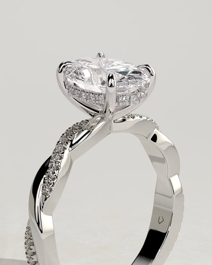 Lara - Oval Claw Solitaire with Hidden Halo and Twisted Alternating Pave Band Engagement Ring - Platinum