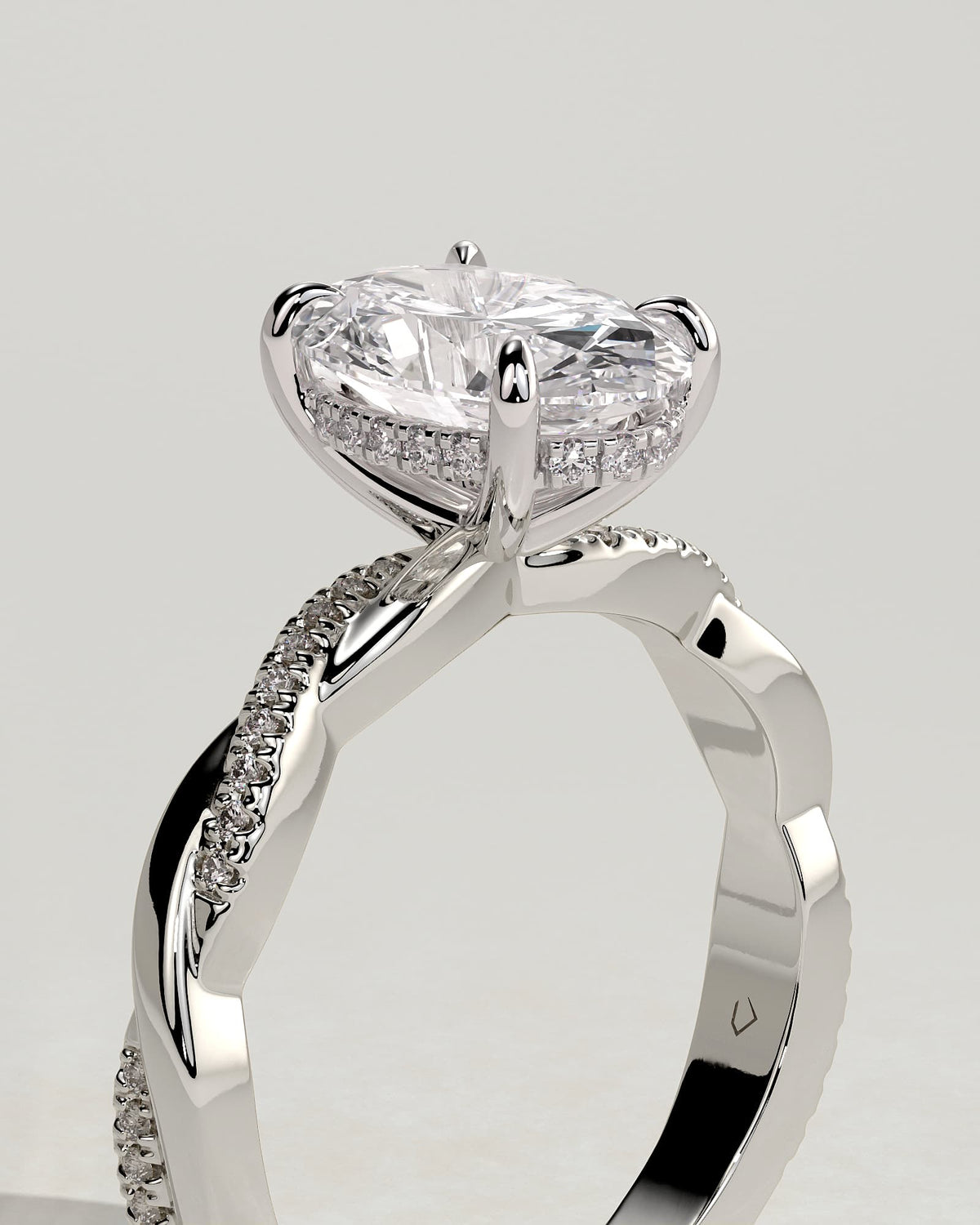 Lara - Oval Claw Solitaire with Hidden Halo and Twisted Alternating Pave Band Engagement Ring - White Gold
