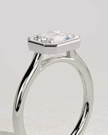 Olive - Statement Emerald East West Bezel Solitaire with Open Cathedral High Setting Engagement Ring - Platinum