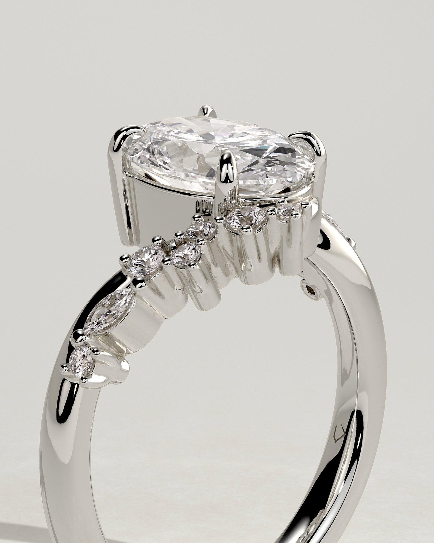 Ezmerelda - Oval Claw Solitaire with Bypass Band and Clustered Round-Marquise Accent Stones Engagement Ring - Platinum - White Gold / Platinum 2ct
