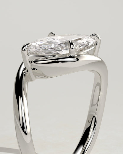 Beverly - Marquise East West Claw Solitaire with Bypass Band  Engagement Ring - Platinum