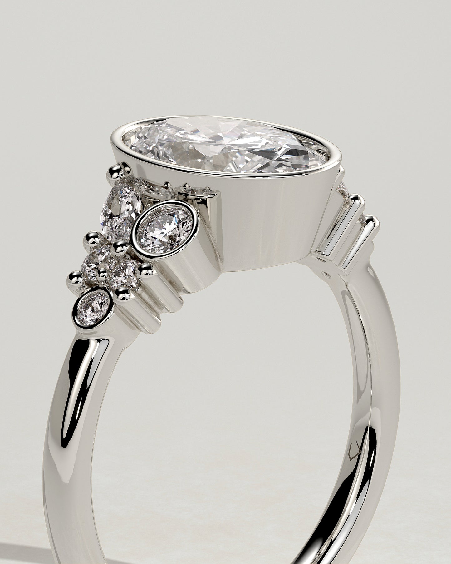 Isabella - Oval Bezel Solitaire with Clustered Round-Marquise Mixed Set Shoulder Stones Engagement Ring - Platinum - White Gold / Platinum 2ct