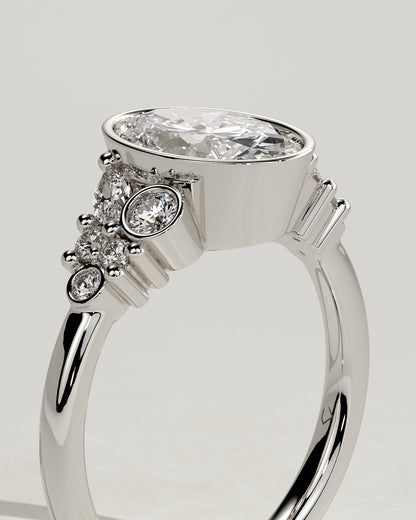 Isabella - Oval Bezel Solitaire with Clustered Round-Marquise Mixed Set Shoulder Stones Engagement Ring - Platinum