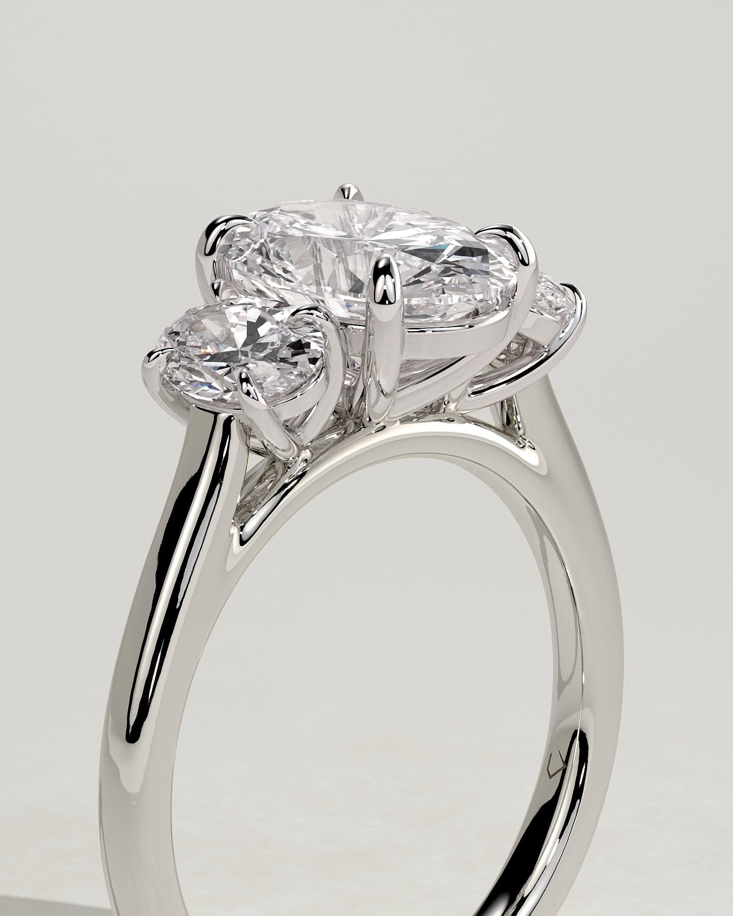 Isla - Oval Claw Trilogy with Oval Side Stones Engagement Ring - White Gold