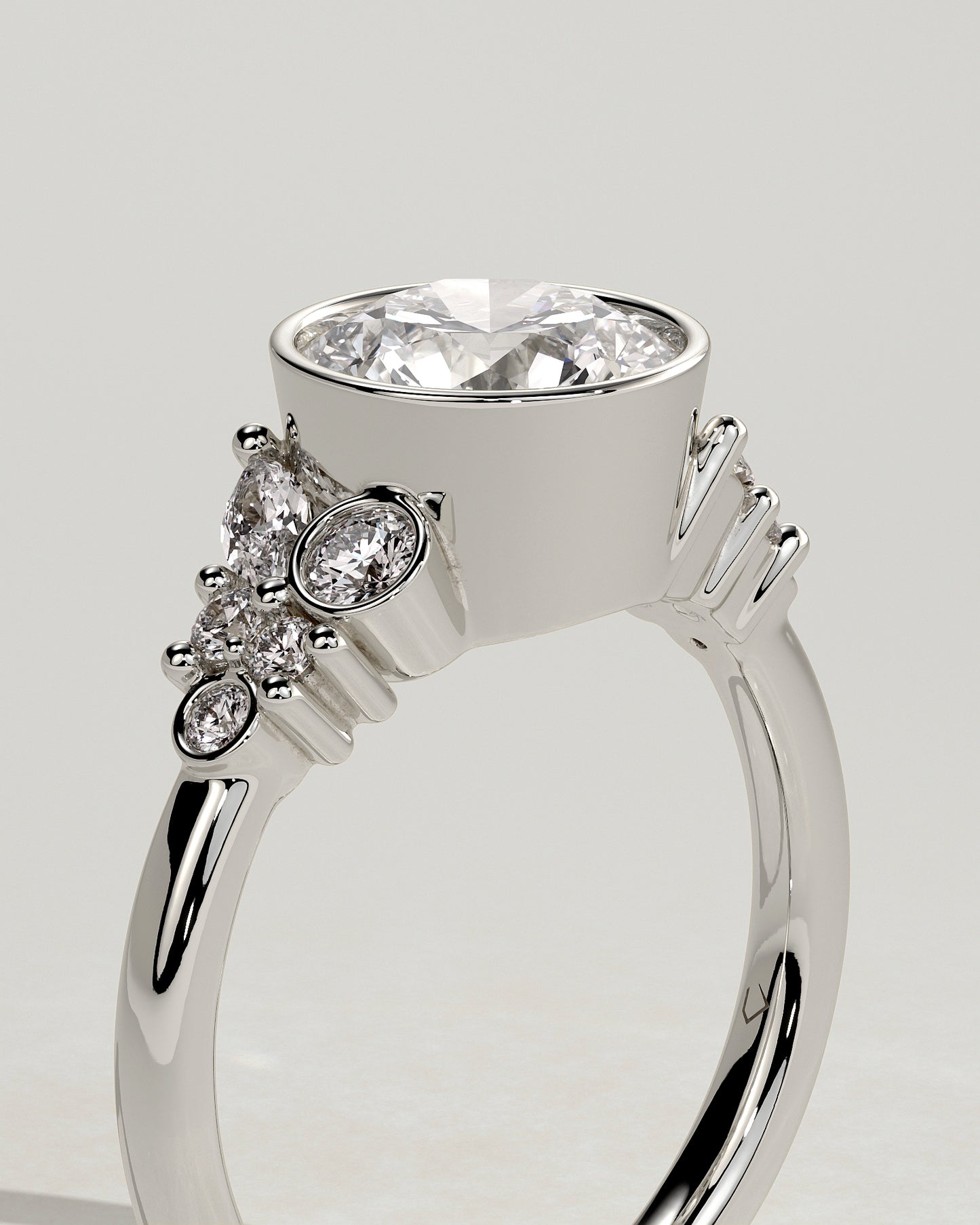 Alessia - Round Bezel Solitaire with Clustered Round-Marquise Mixed Set Shoulder Stones Engagement Ring - Platinum - White Gold / Platinum 2ct