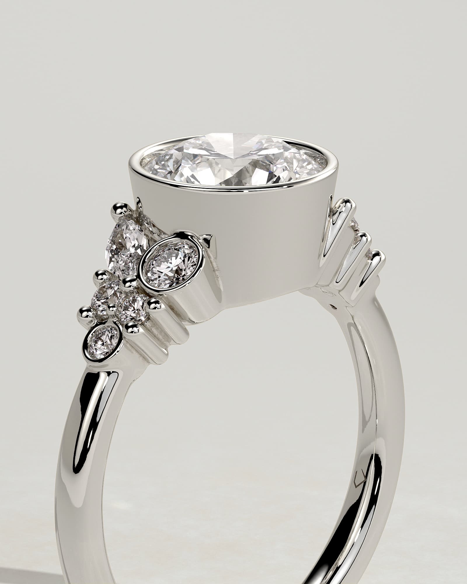 Alessia - Round Bezel Solitaire with Clustered Round-Marquise Mixed Set Shoulder Stones Engagement Ring - White Gold - white gold - Lara Jewels