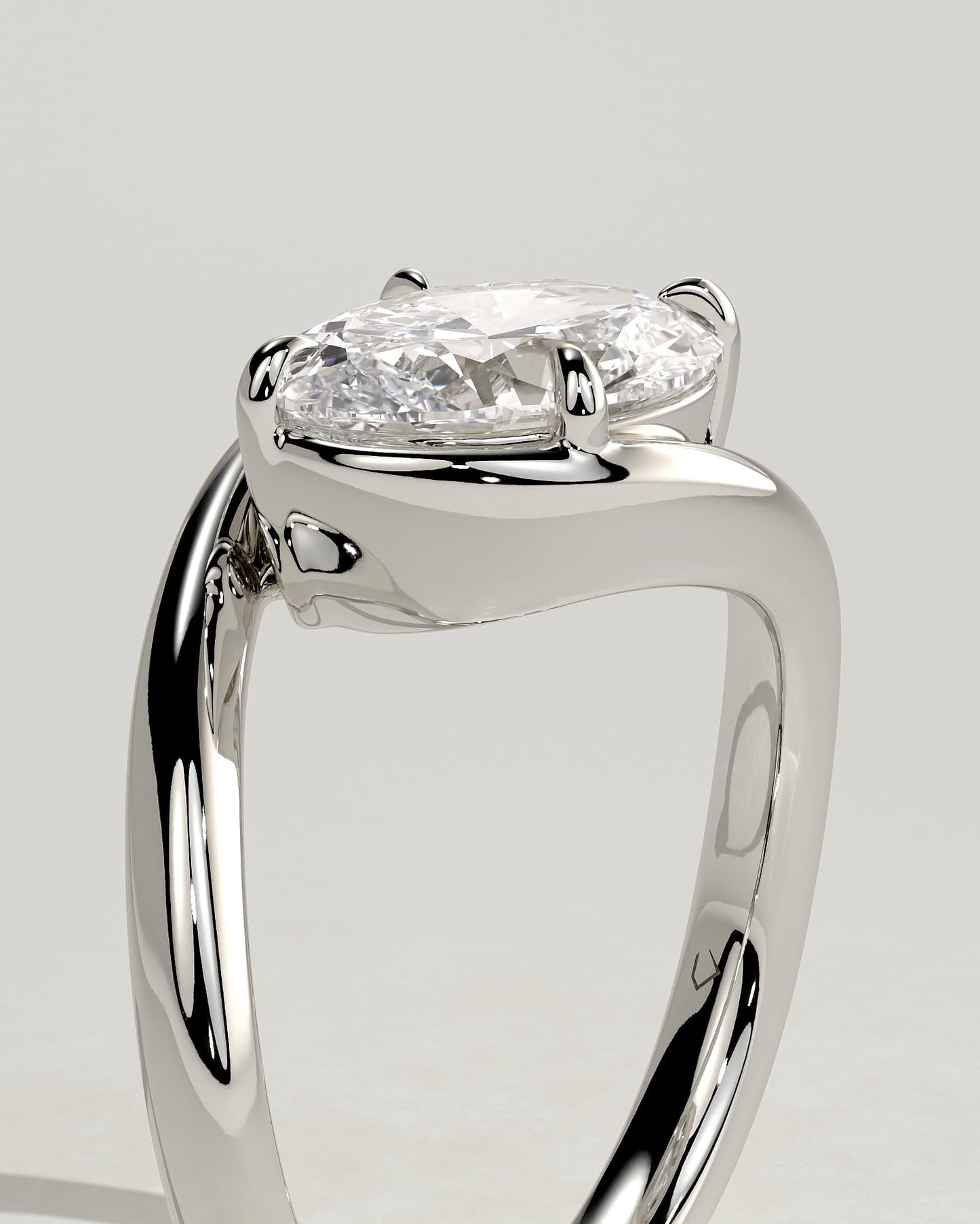 Casey - Oval East West Claw Solitaire with Bypass Band  Engagement Ring - White Gold