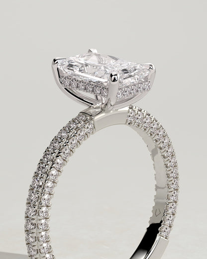 Irene - Radiant Claw Solitaire with Hidden Halo and Triple Pave Band Engagement Ring - Platinum