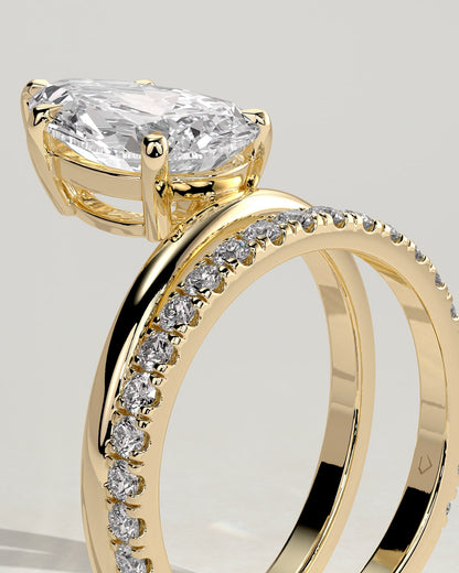 Candice - Pear Claw Solitaire with Double Pave and Plain Band Engagement Ring - Yellow Gold