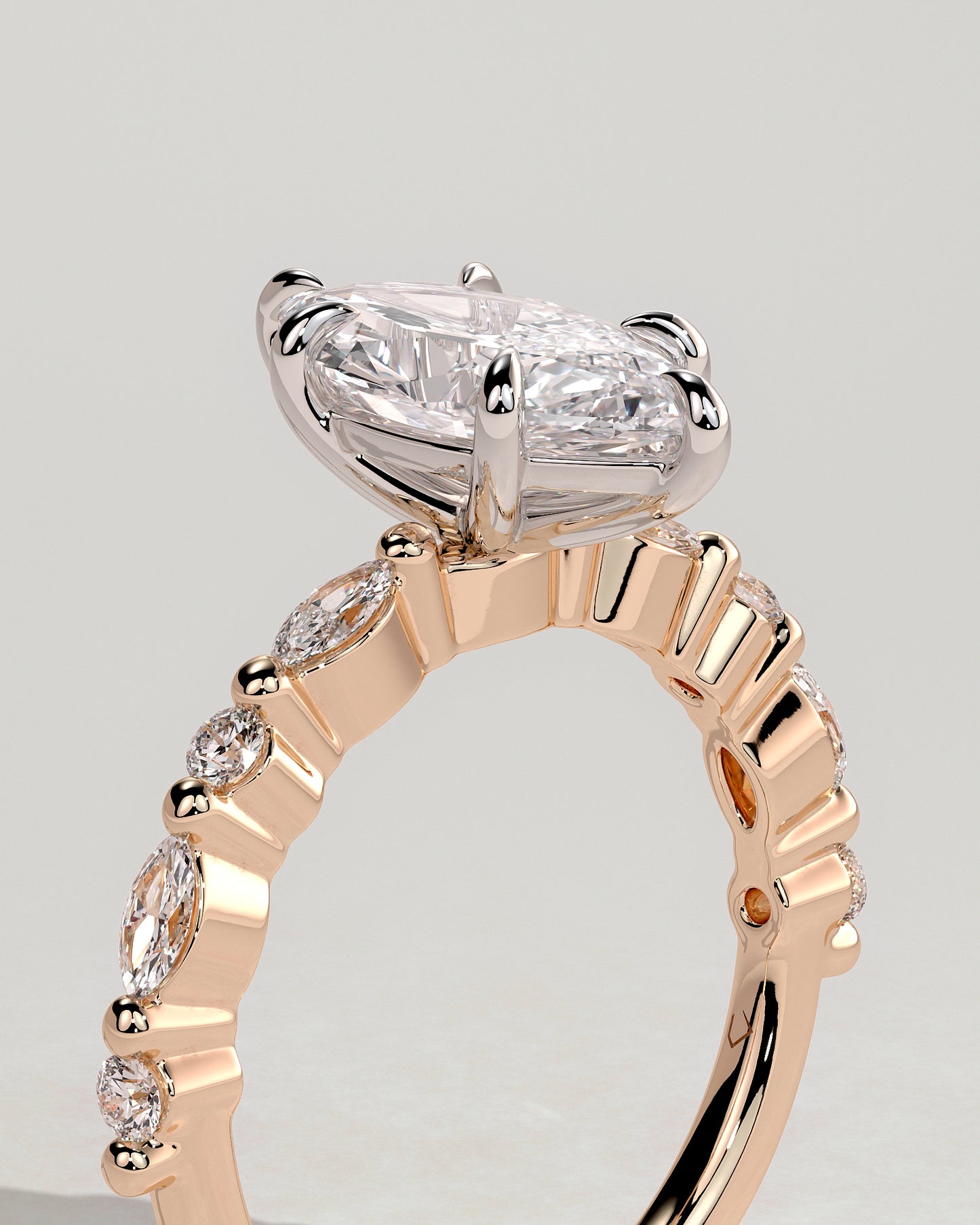 Beatrice - Marquise Claw Solitaire with Marquise and Round Accent Stones Engagement Ring - Rose Two-Tone - Rose Two-Tone 2ct