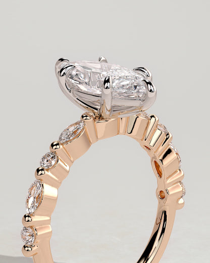 Beatrice - Marquise Claw Solitaire with Marquise and Round Accent Stones Engagement Ring - Rose Two-Tone