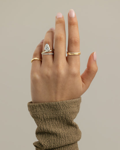 Candice - Pear Claw Solitaire with Double Pave and Plain Band Engagement Ring - Yellow Gold