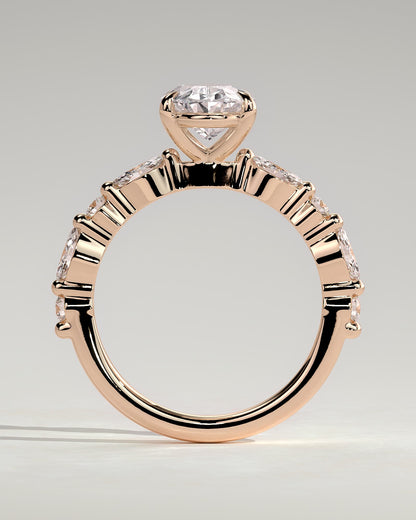 Alyssa - Oval Claw Solitaire with Marquise and Round Accent Stones Engagement Ring - Rose Gold