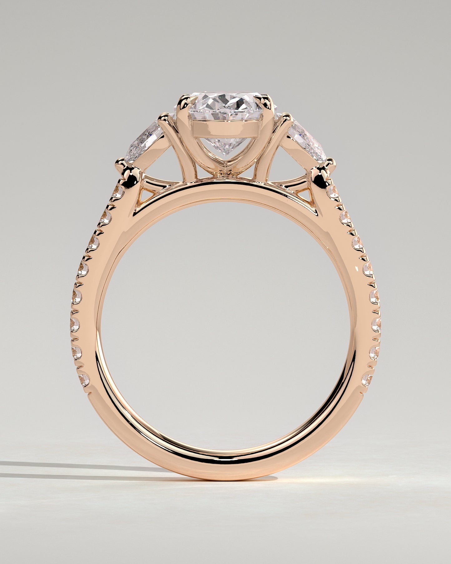 Arabella - Oval Claw Trilogy with Pear Side Stones and Pave Band Engagement Ring - Rose Gold - Rose Gold 2ct