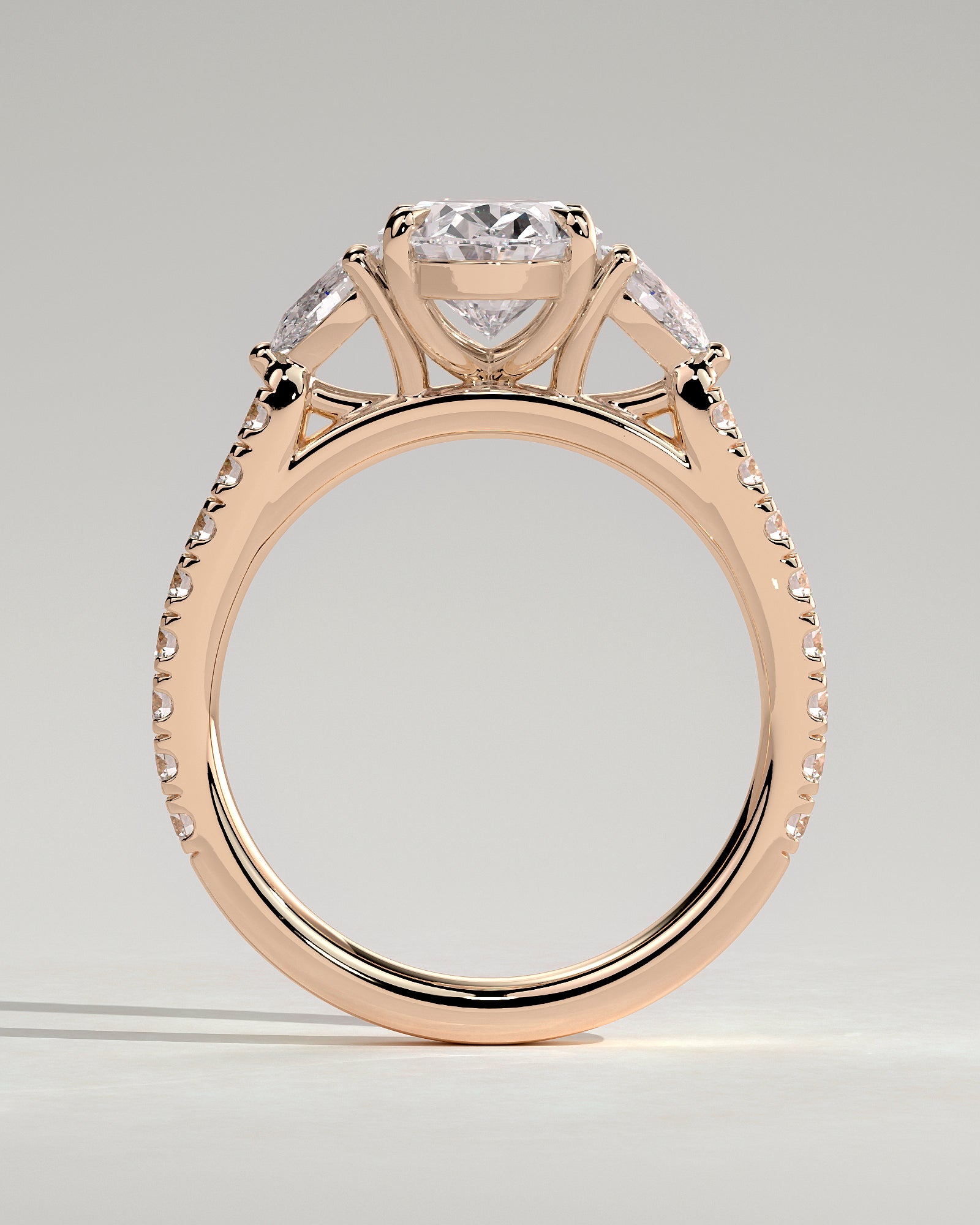 Arabella - Oval Claw Trilogy with Pear Side Stones and Pave Band Engagement Ring - Rose Gold - Rose Gold 2ct
